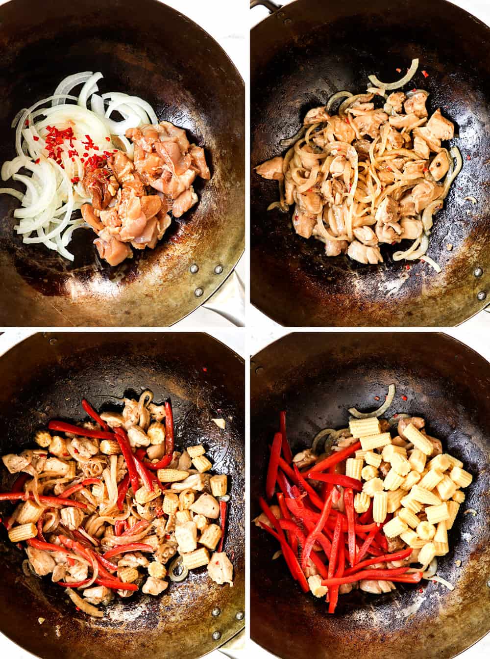 a collage showing how to make Thai Drunken Noodles (Pad Kee Mao) recipe by adding chicken onions and Thai chilies to a wok and stir frying, then adding bell peppers and corn to the wok and stir frying