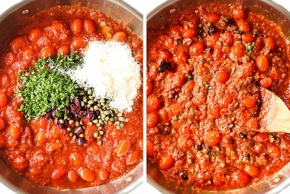 a collage showing how to make Pasta Puttanesca by adding chopped olives, capers and fresh parsley to the sauce and simmering