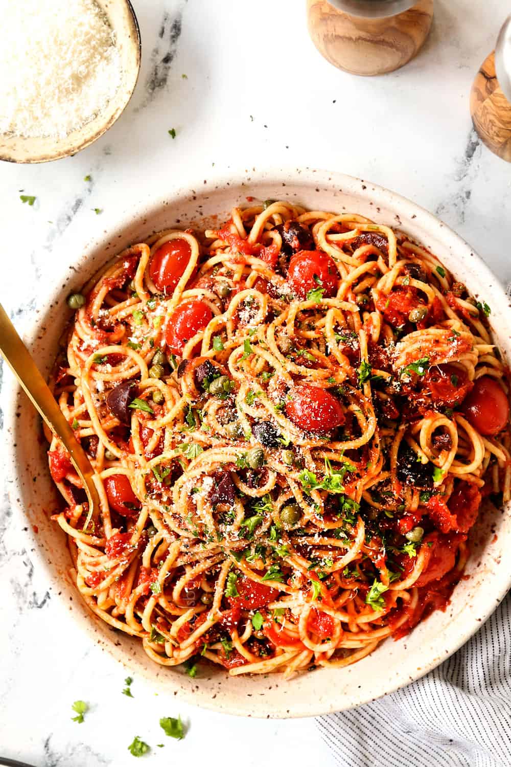 top view of a bowl of spaghetti alla Puttanesca