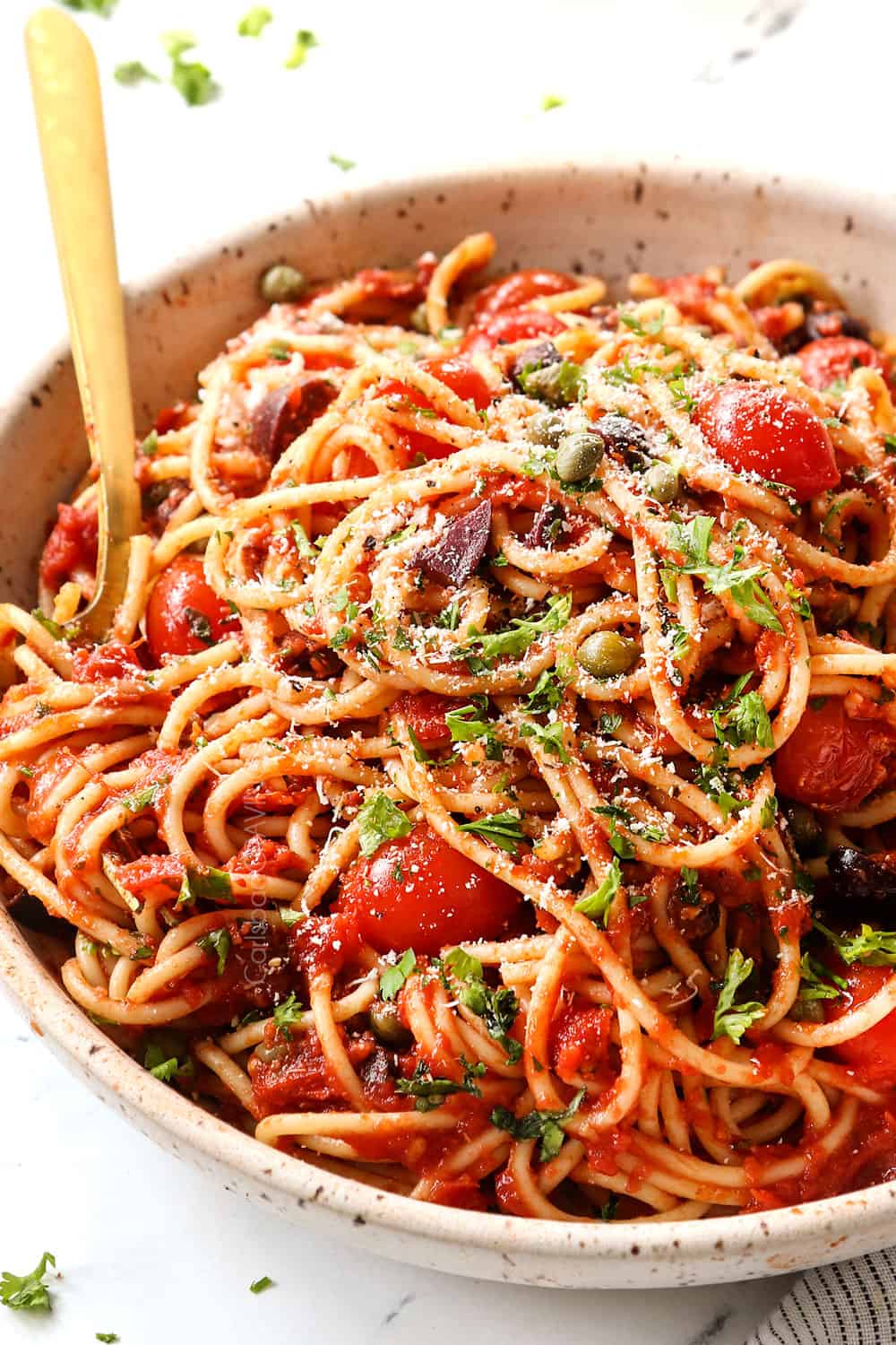 a bowl of spaghetti alla Puttanesca