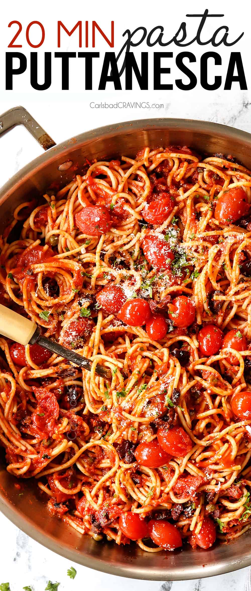 top view showing how to serve Pasta Puttanesca by garnishing with fresh parsley and Parmesan
