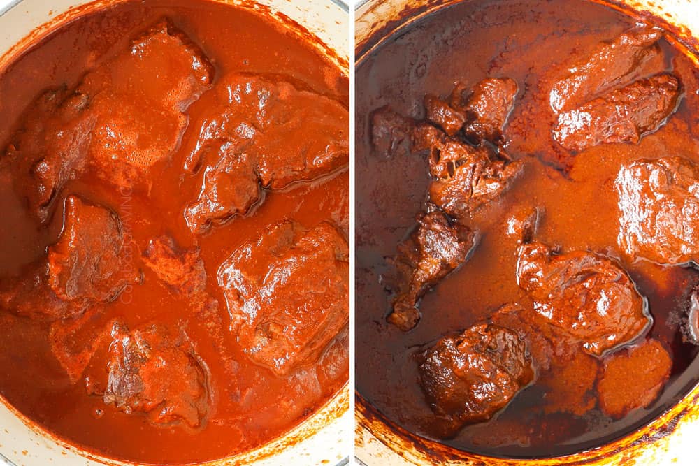 a collage showing how to make birria tacos with birria de res by braising the beef until fall apart tender