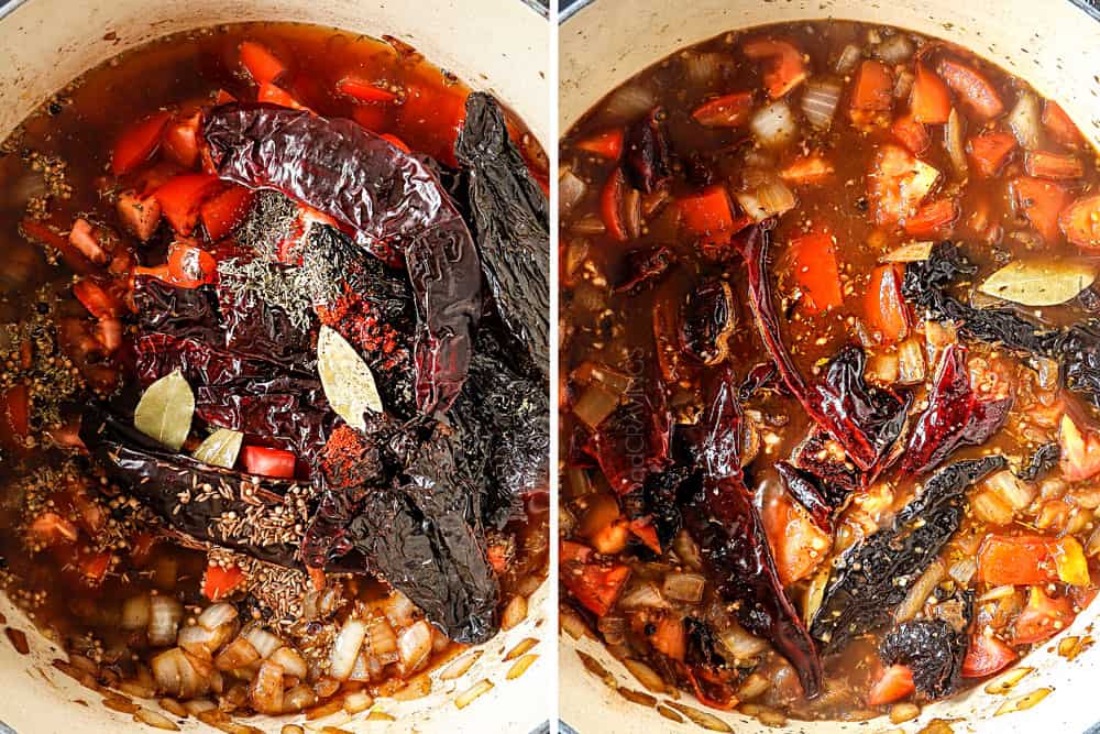 showing how to make birria tacos by simmering chilies, tomatoes, onion and beef broth in a Dutch oven