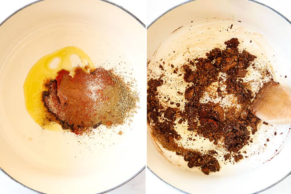 a collage showing how to make Cincinnati Chili recipe by adding tomato paste, olive oil and spices to a Dutch oven and sautรฉing