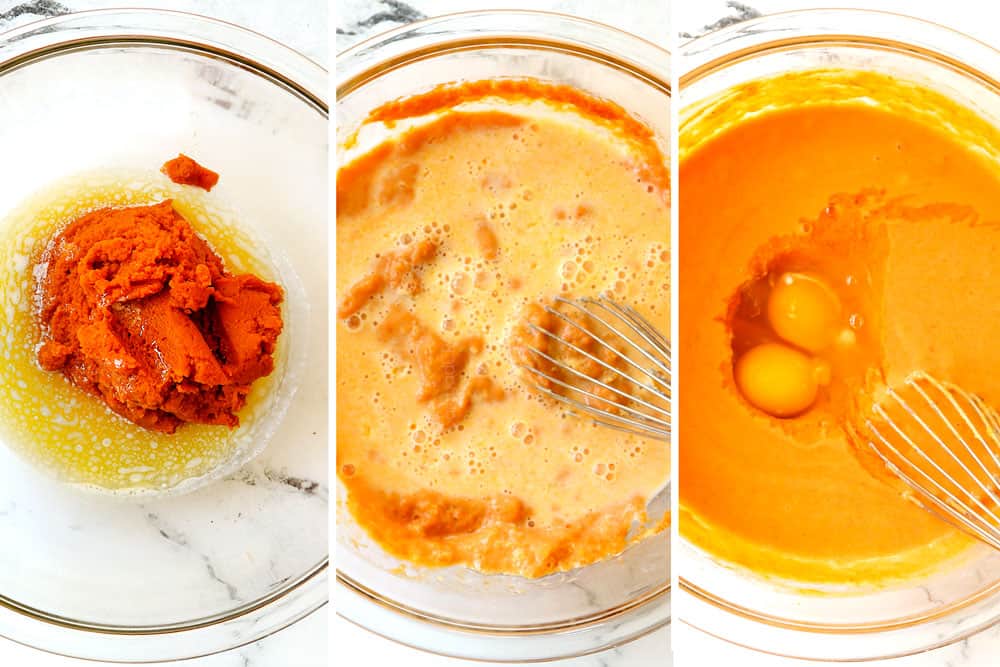 a collage showing how to make pumpkin spice pancakes by whisking pumpkin puree and butter together whisking in buttermilk followed by eggs