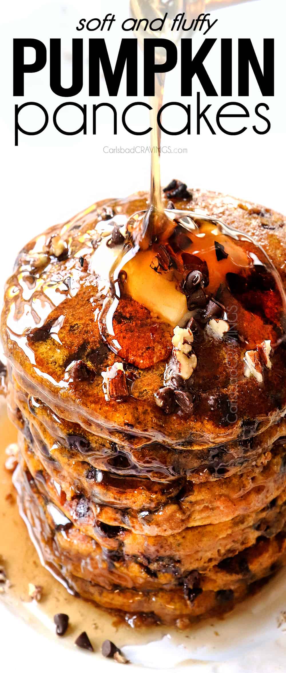 up close of pouring syrup over pumpkin pancakes showing how soft and fluffy the pancakes are