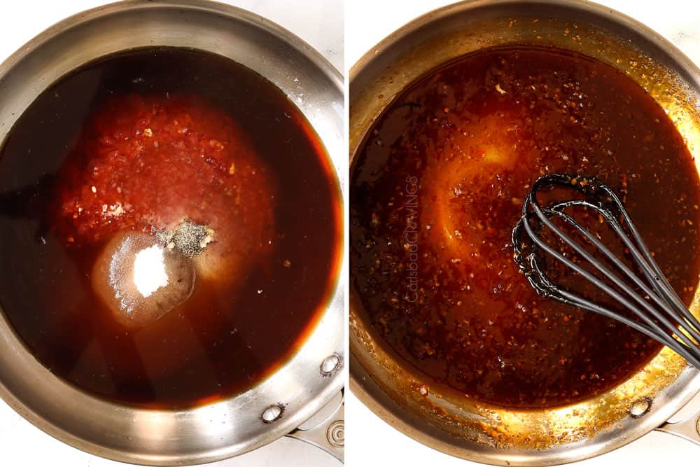 a collage showing how to make teriyaki meatball recipe by adding teriyaki sauce to a large skillet and simmering until thickened
