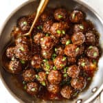 top view if teriyaki meatballs in a skillet