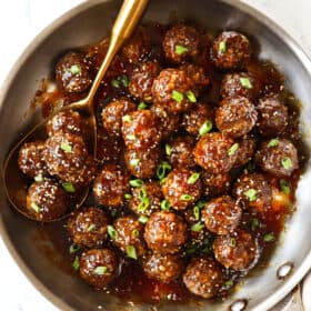 top view if teriyaki meatballs in a skillet