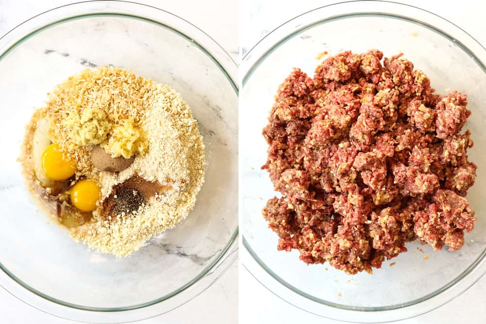 a collage showing how to make teriyaki meatball recipe by adding eggs, crumbs, milk, soy sauce, ginger, garlic to a bowl then adding ground beef and mixing