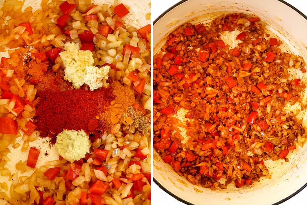 a collage showing how to make African Peanut Stew by sautรฉing onions, garlic, ginger, and spices together