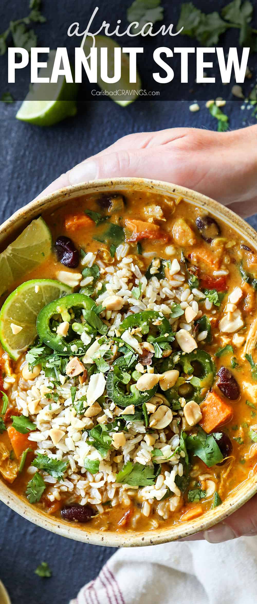 top view of African Peanut Stew (peanut soup) with rice, cilantro and crushed peanuts