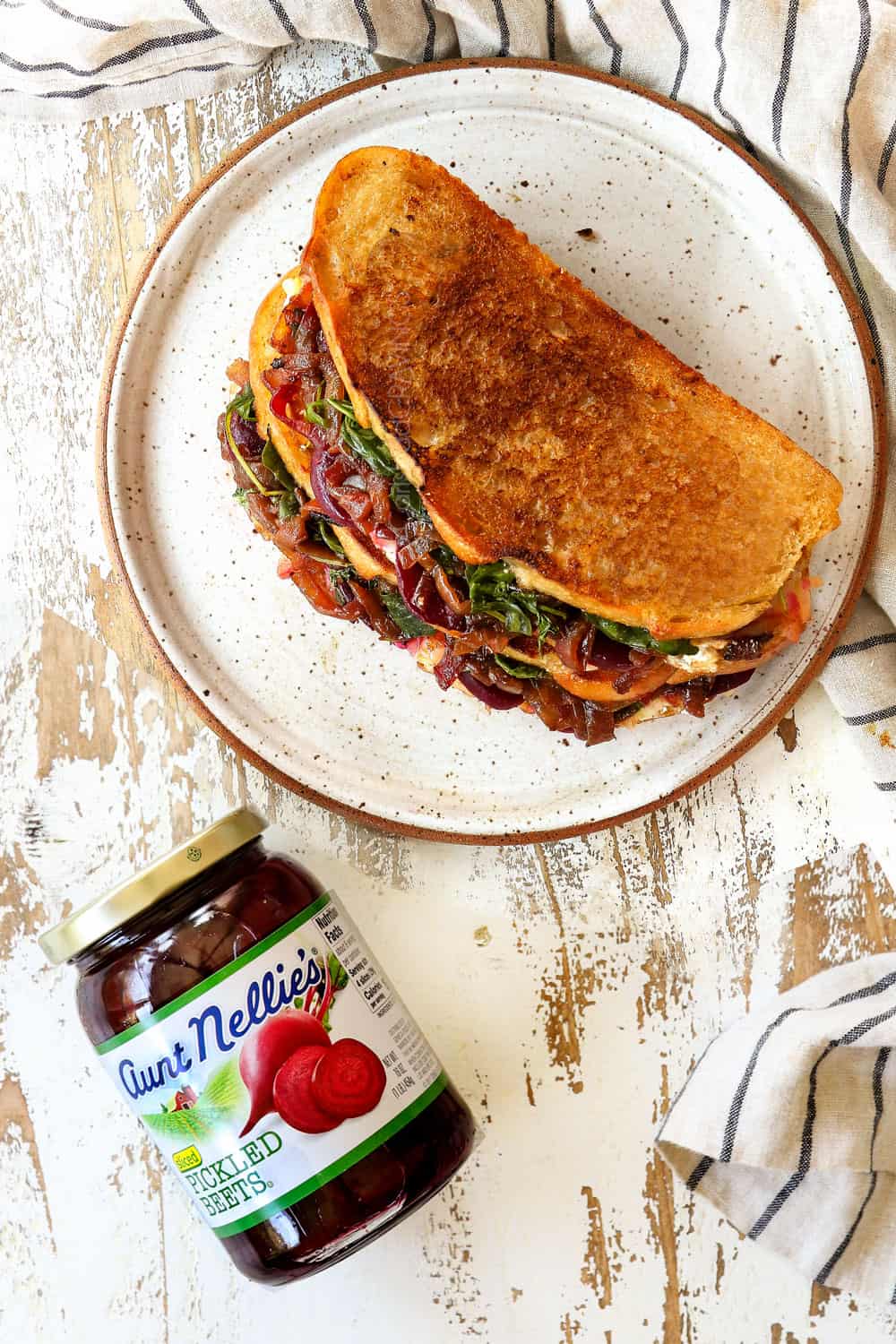 top view of gourmet grilled cheese sandwich showing how golden, crunchy and toasted the bread is