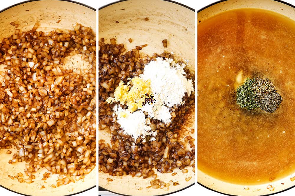 a collage showing how to make beef and noodles by sautรฉing onions, cooking flour then adding beef broth and herbs