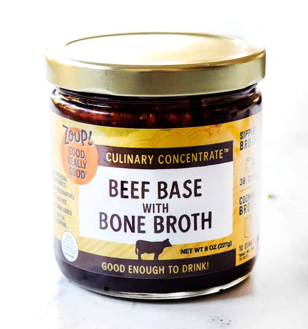 showing how to make beef tips and noodles by showing the ingredient beef base