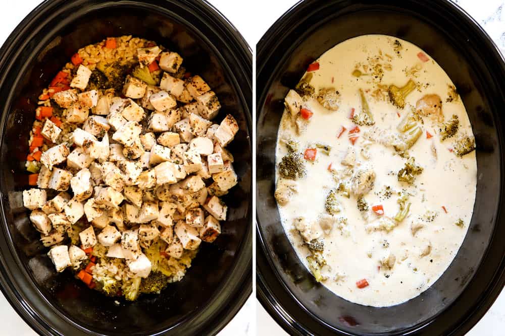 showing how to make Chicken and Rice Crockpot recipe by adding adding cubed cooked chicken and evaporated milk and cream cheese to the slow cooker