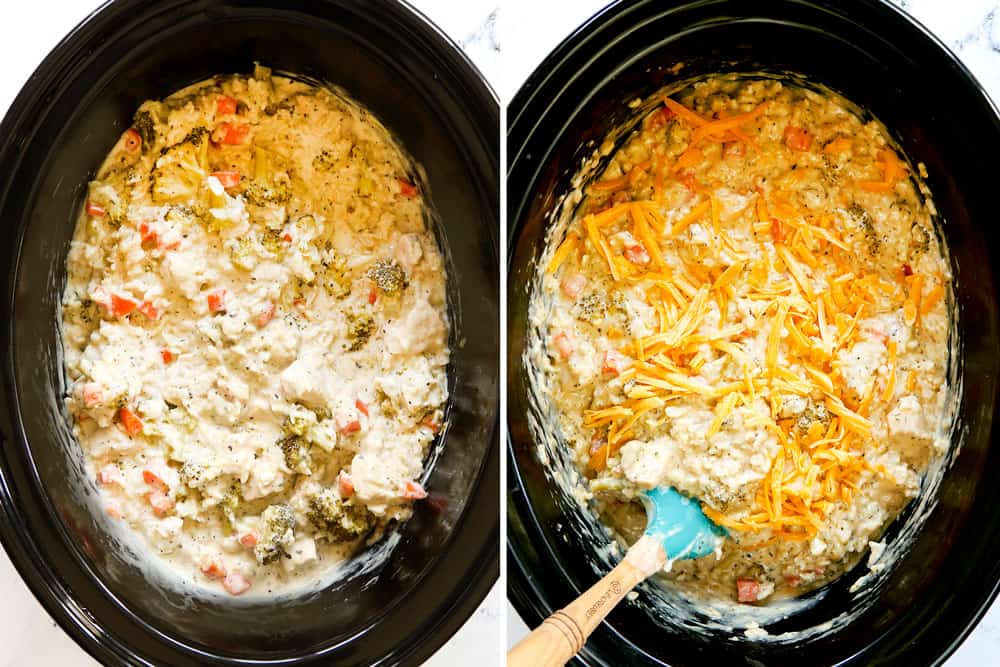 showing how to make Chicken and Rice Crockpot recipe by adding cheese to the chicken and rice in the crockpot