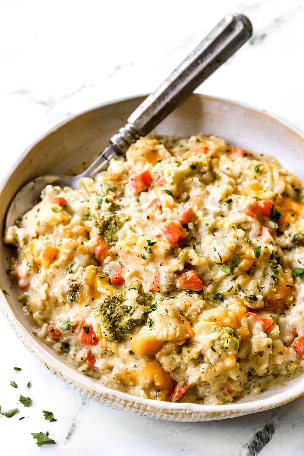 up close of healthy crockpot chicken and rice in a plate