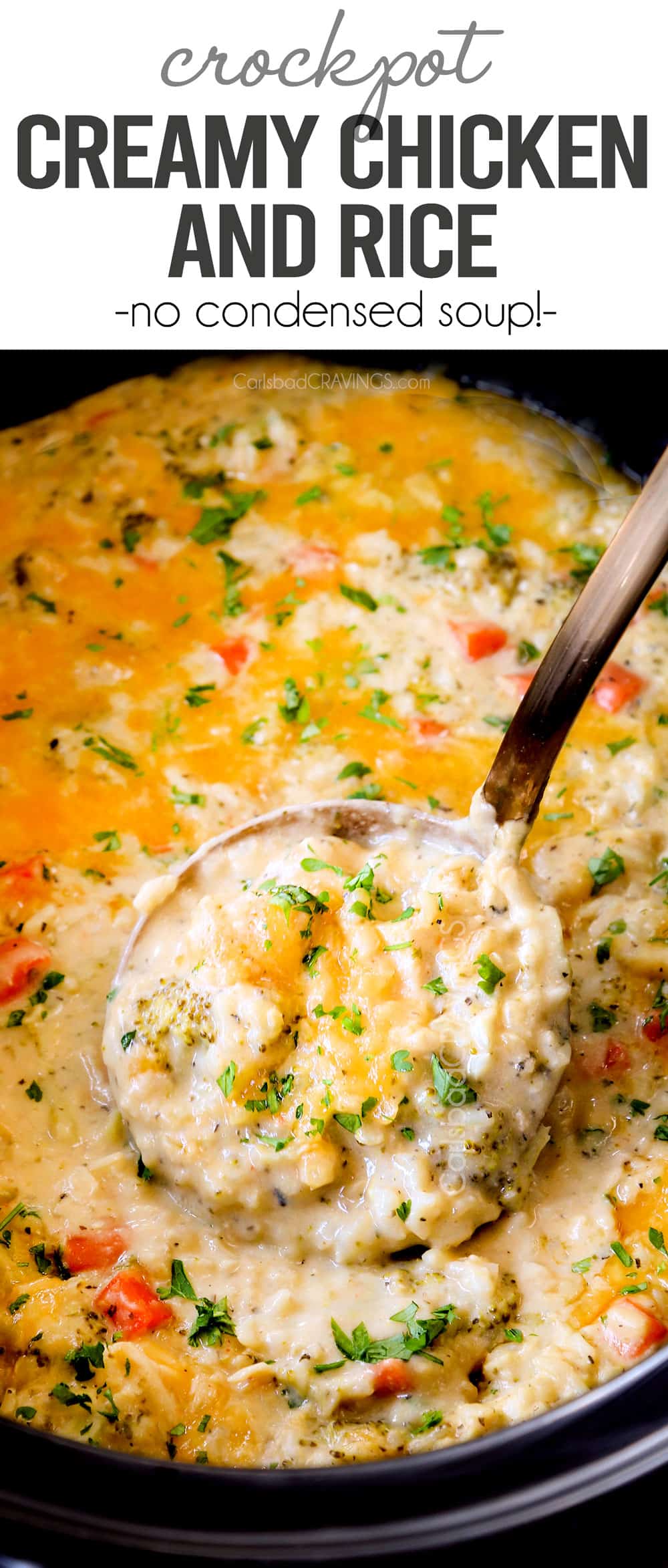 up close of a scoop of crockpot chicken and rice showing how creamy it is