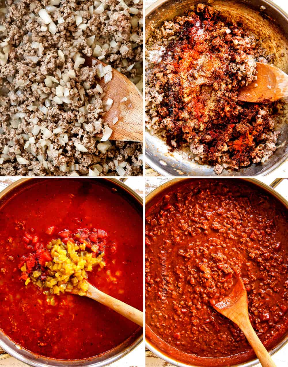 a 4 way collage showing how to make enchilada casserole recipe by 1) browning beef and onions, 2) sautรฉing tomato paste and spices, 3) adding tomatoes, broth and green chilies, 4) simmering until thickened