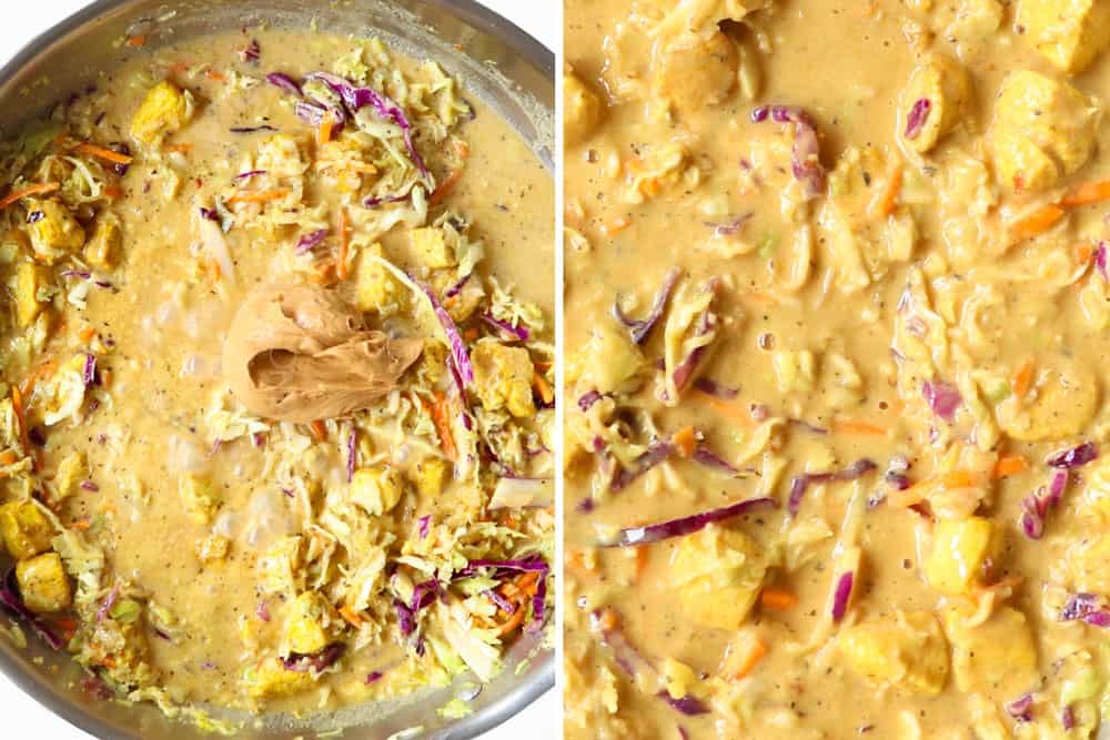 a collage showing how to make peanut noodles recipe by adding the peanut butter and stirring until the sauce is smooth