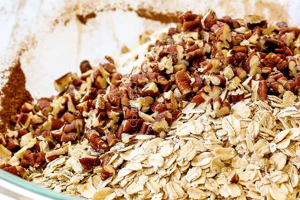 showing how to make pumpkin oatmeal cookies by mixing oats, flour, pecans, baking soda in a bowl