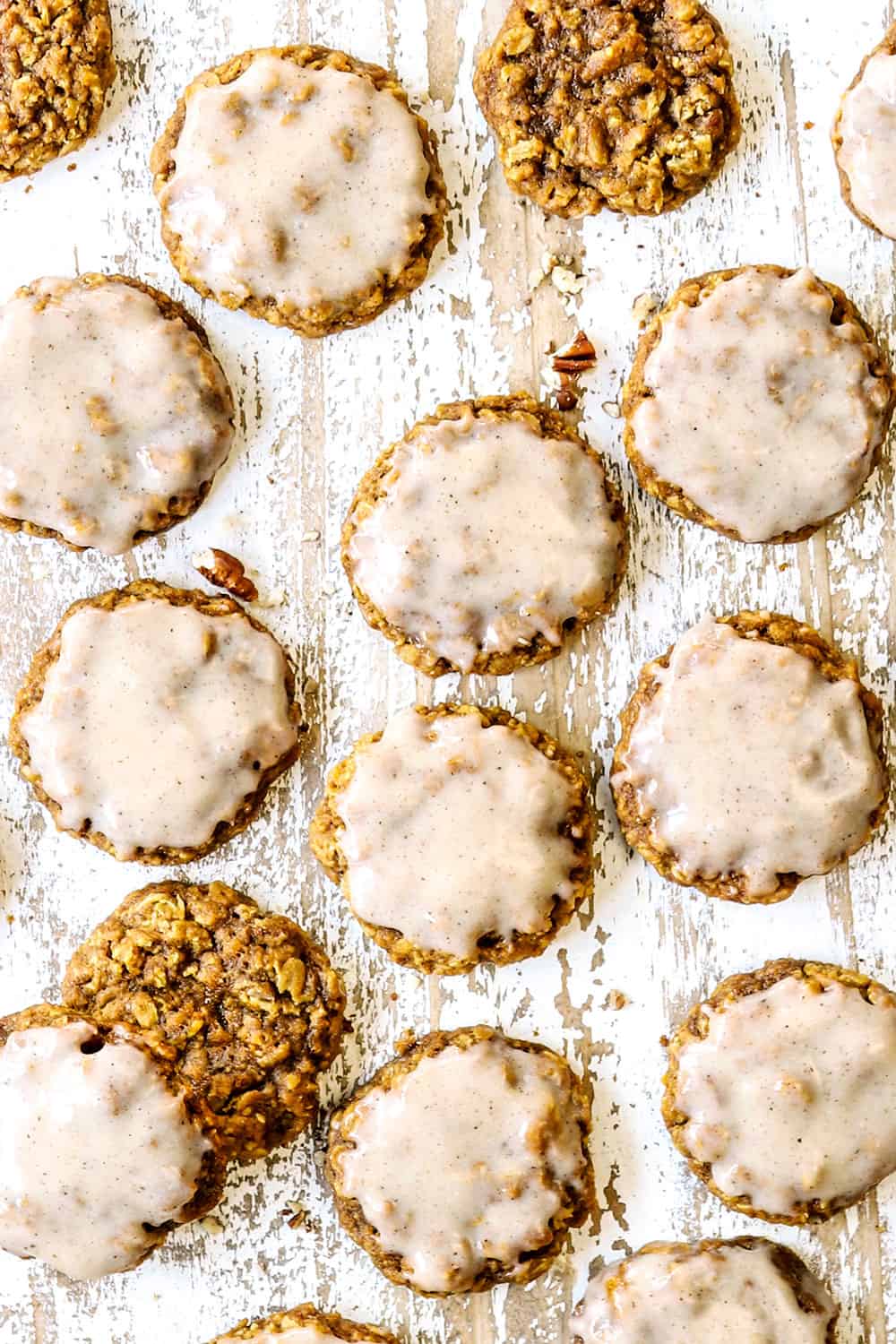top view of chewy pumpkin oatmeal cookies with icing