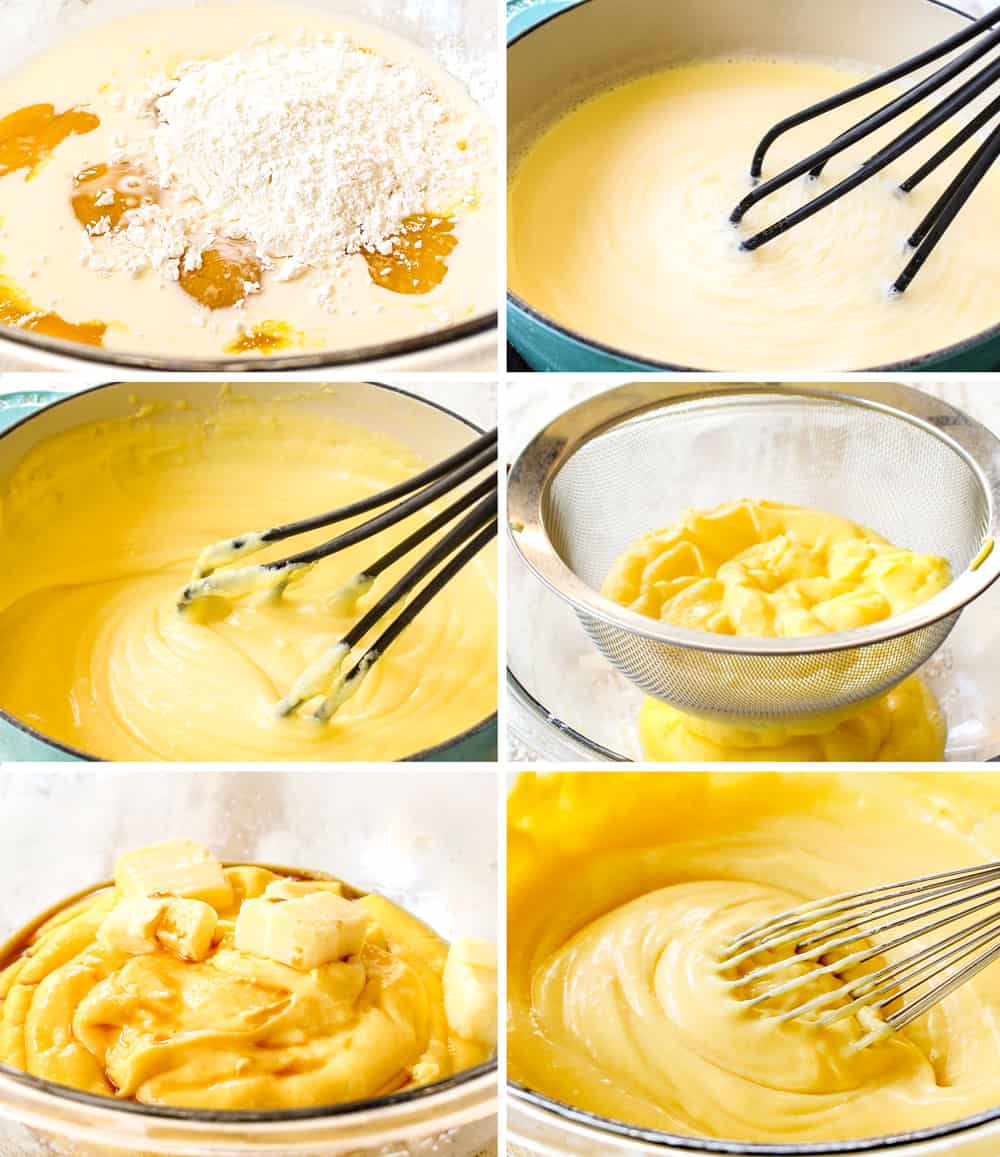 a collage showing how to make pastry cream for Boston Cream Pie recipe by 1) whisking eggs with cornstarch, 2) showing smooth egg cornstarch mixture, 3) tempering the egg mixture with half and half, 4) simmering the eggs and cream until thickened, 5) adding eggs and vanilla to pastry cream, 5) whisking pastry cream until thickened