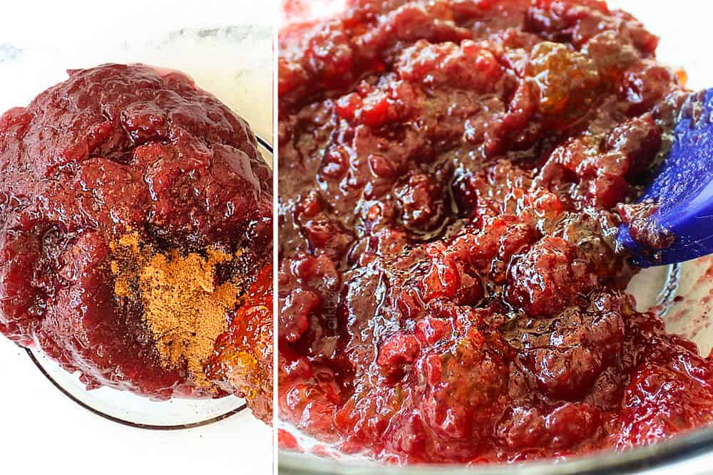 showing how to make cranberry brie bites by whisking the cranberry sauce together in a glass bowl