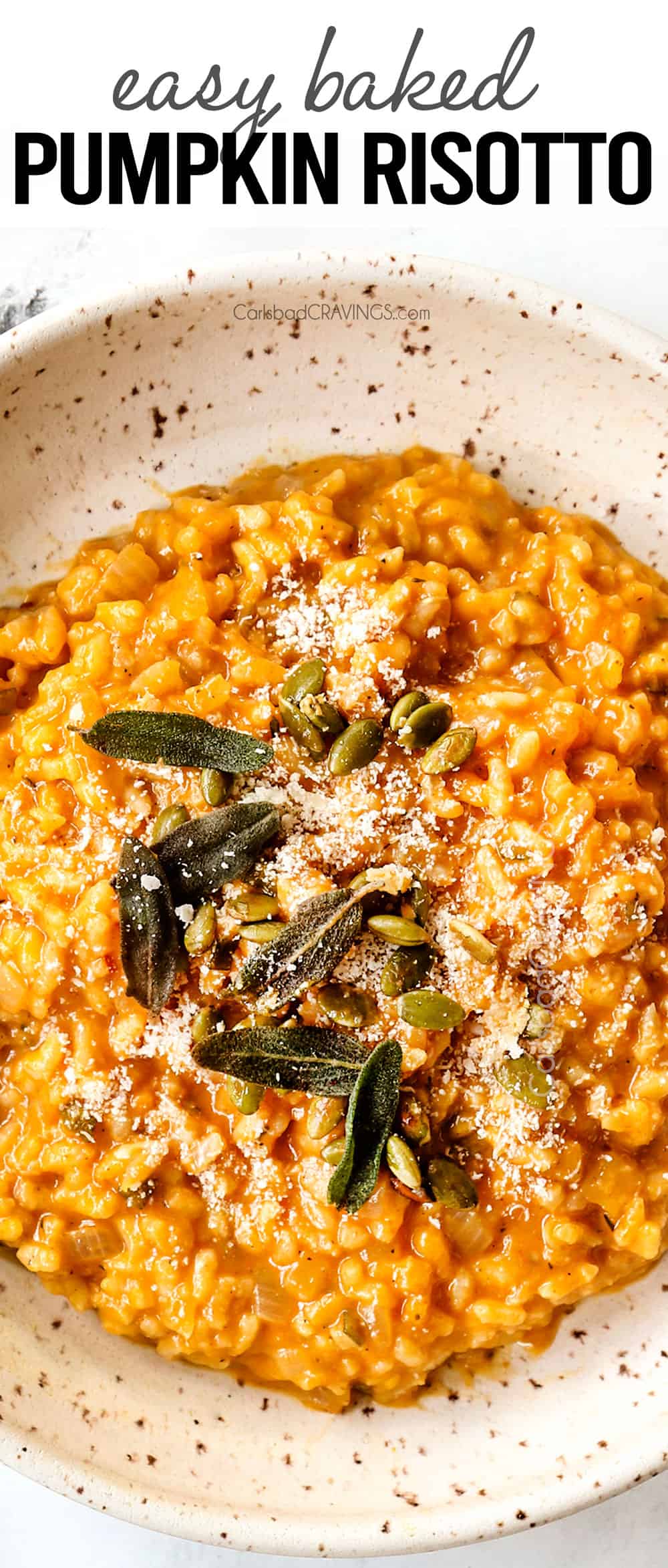 top view of pumpkin risotto in a bowl with freshly grated parmesan