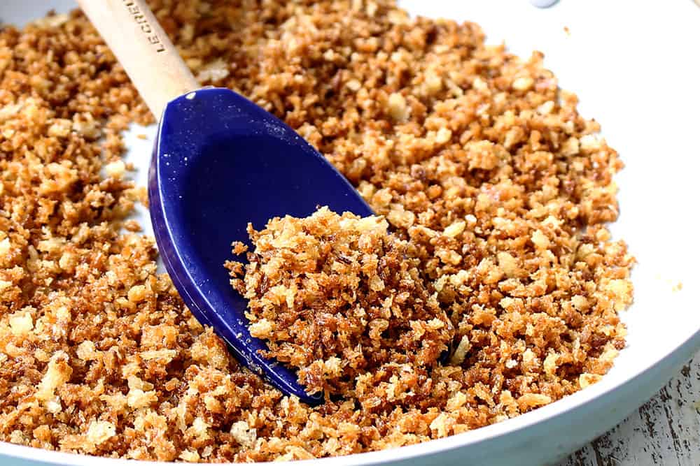 showing how to make turkey tetrazzini recipe by toasting panko until golden in a skillet