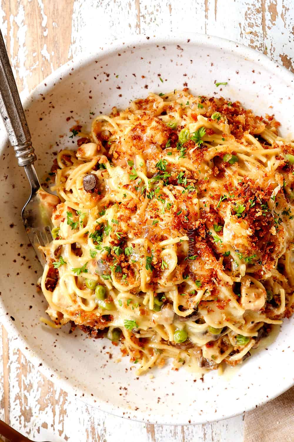 top view of original Turkey Tetrazzini in a bowl with a fork