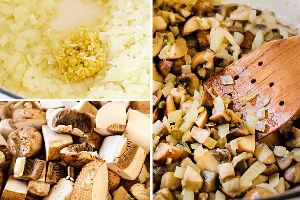 a collage showing how to make turkey tetrazzini recipe by sautรฉing onions and garlic then sautรฉing mushrooms
