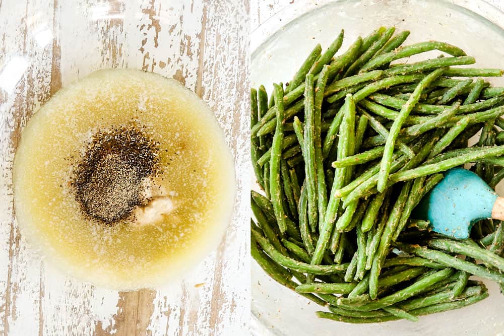 a collage showing how to make bacon wrapped green beans by adding butter, balsamic and seasonings to a large bowl then adding the beans and tossing to coat