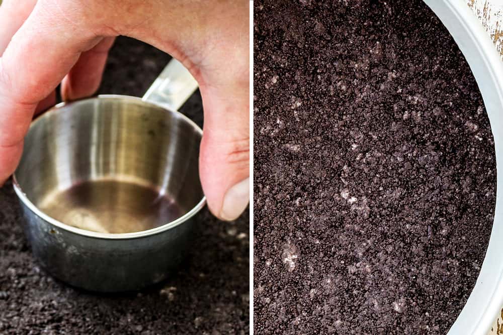 showing how to make Butterfinger Pie by pressing Oreos into bottom of pie shell