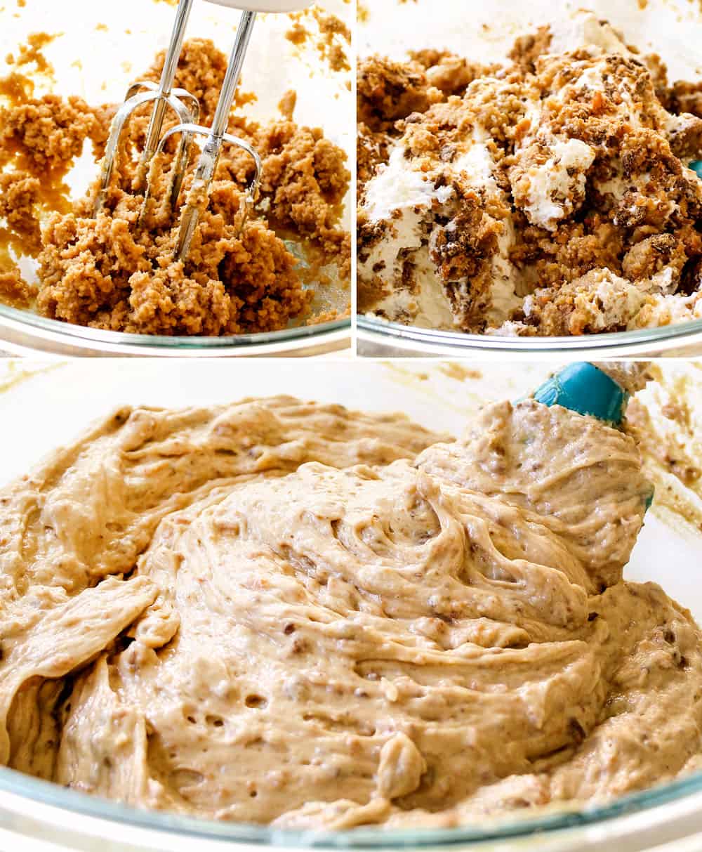 a collage showing how to make Butterfinger pie by whipping peanut butter, cream cheese and sugar together, folding in Butterfingers and heavy cream and adding to pie dish
