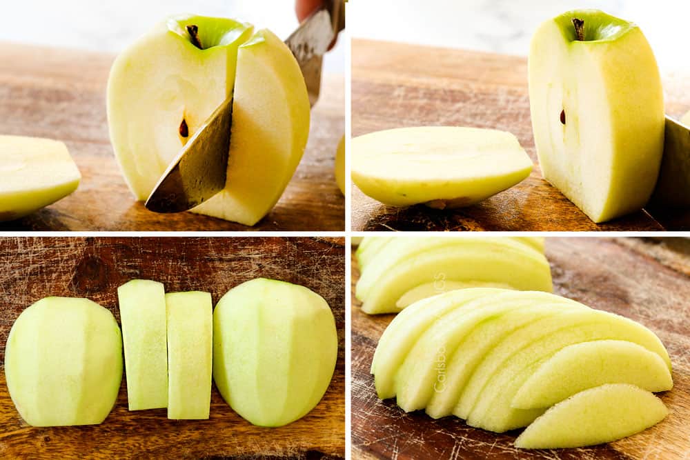 showing how to make apple turnovers by showing how to cut apples into cubes the easy way