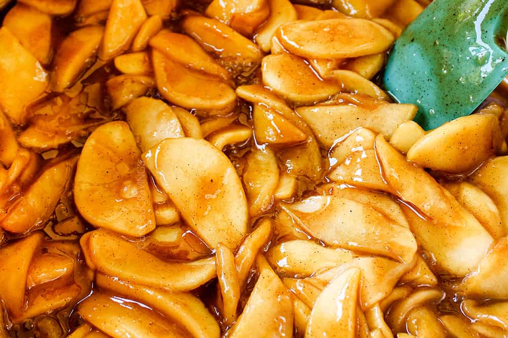 showing how to make Dutch Apple Pie recipe (Apple Crumble Pie) by cooking apple pie filling in a pot