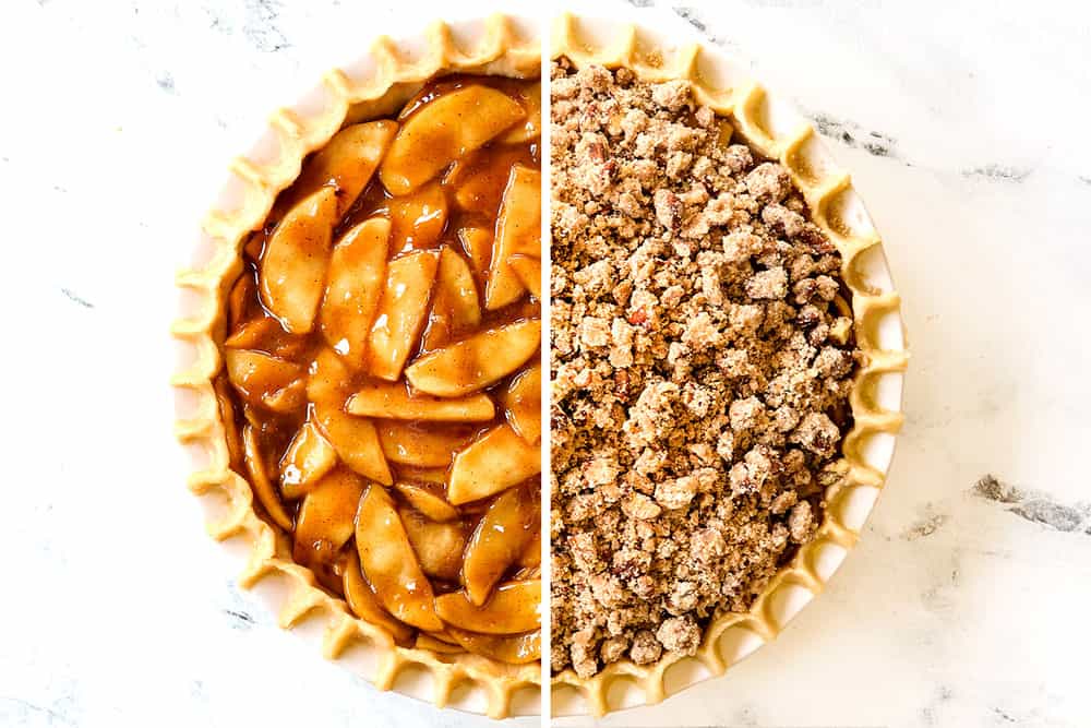 a collage showing how to make Dutch Apple Pie recipe (Apple Crumble Pie) by adding apple pie filling to crust then topping with crumble topping