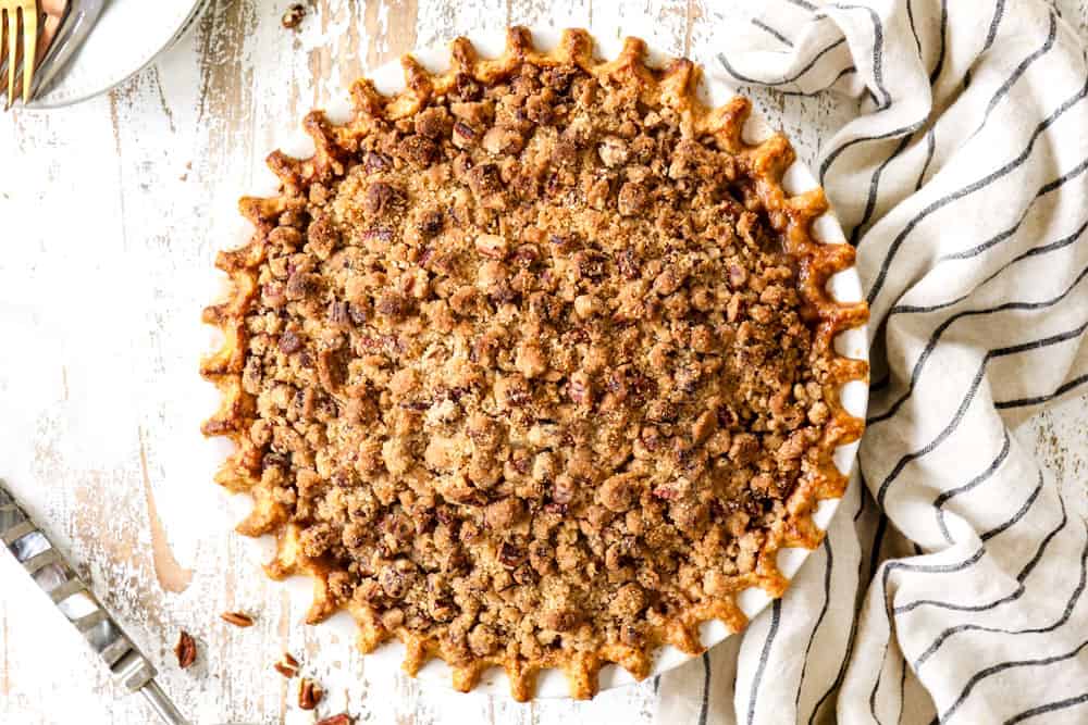 a collage showing how to make Dutch Apple Pie recipe (Apple Crumble Pie) by baking until the crumble topping is golden