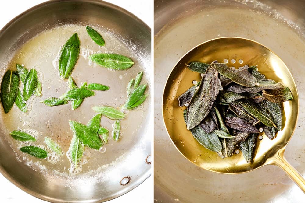 showing how to make pumpkin risotto by frying sage until crispy in a stainless steel skillet