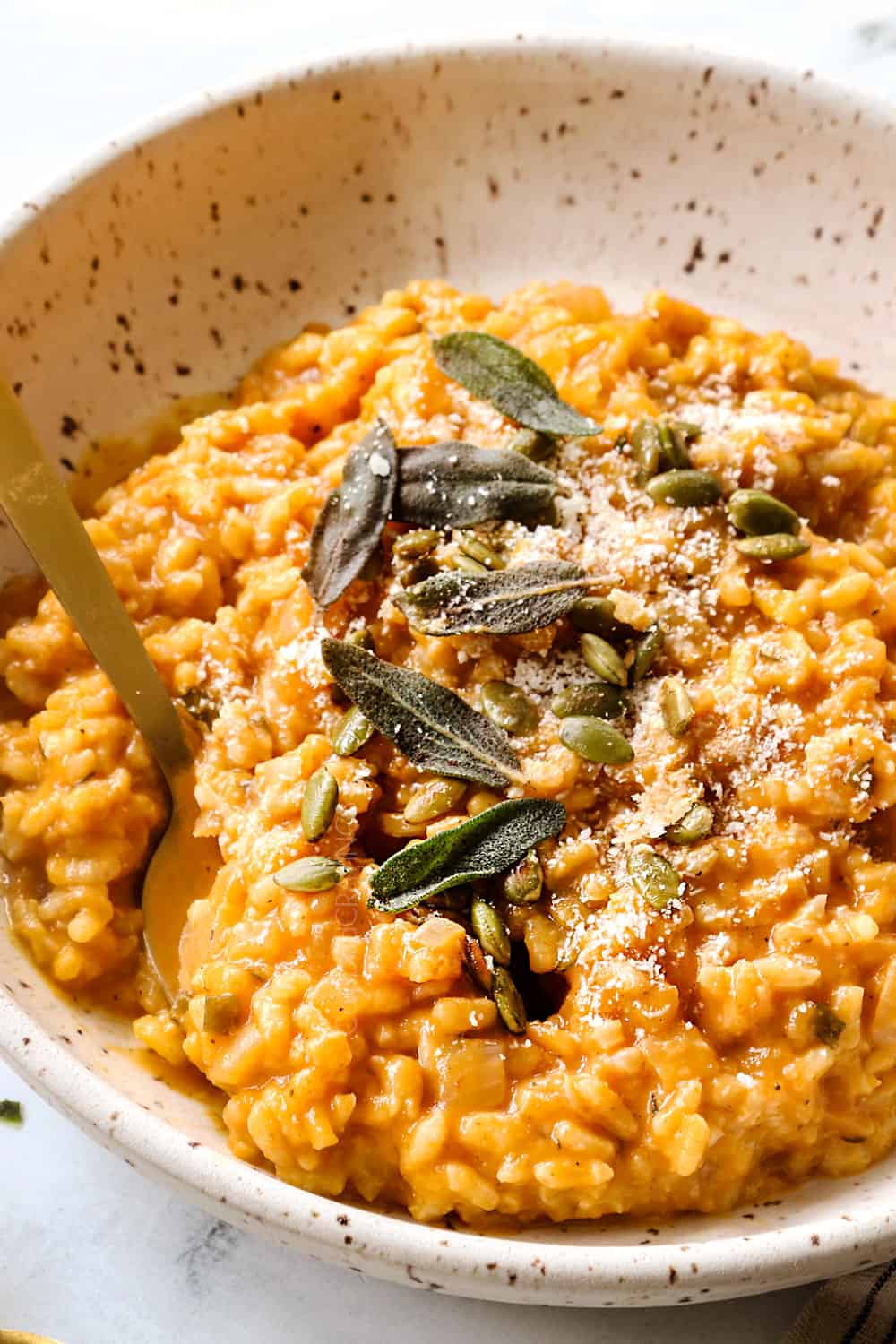 up close of pumpkin risotto in a bowl showing how creamy it is