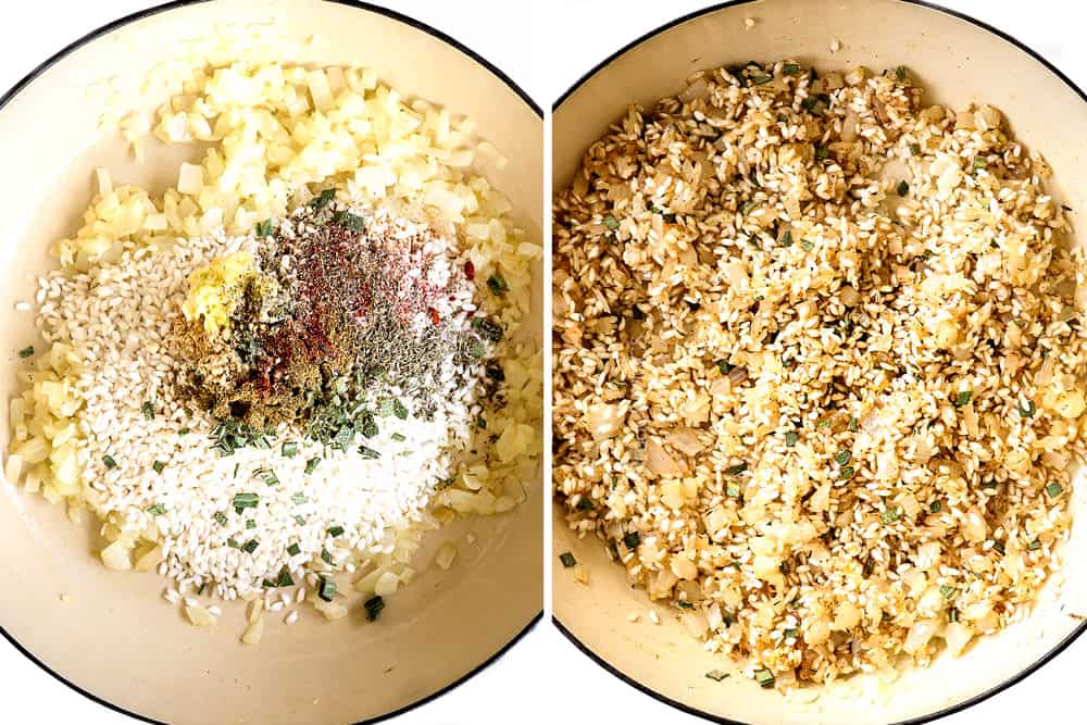 showing how to make pumpkin risotto by sauteing onions, garlic and spices