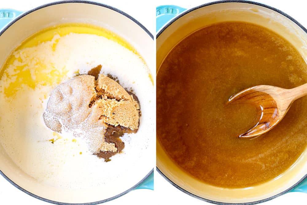 showing how to make apple bread pudding by adding butter, heavy cream and sugar to a saucepan to make bread pudding sauce