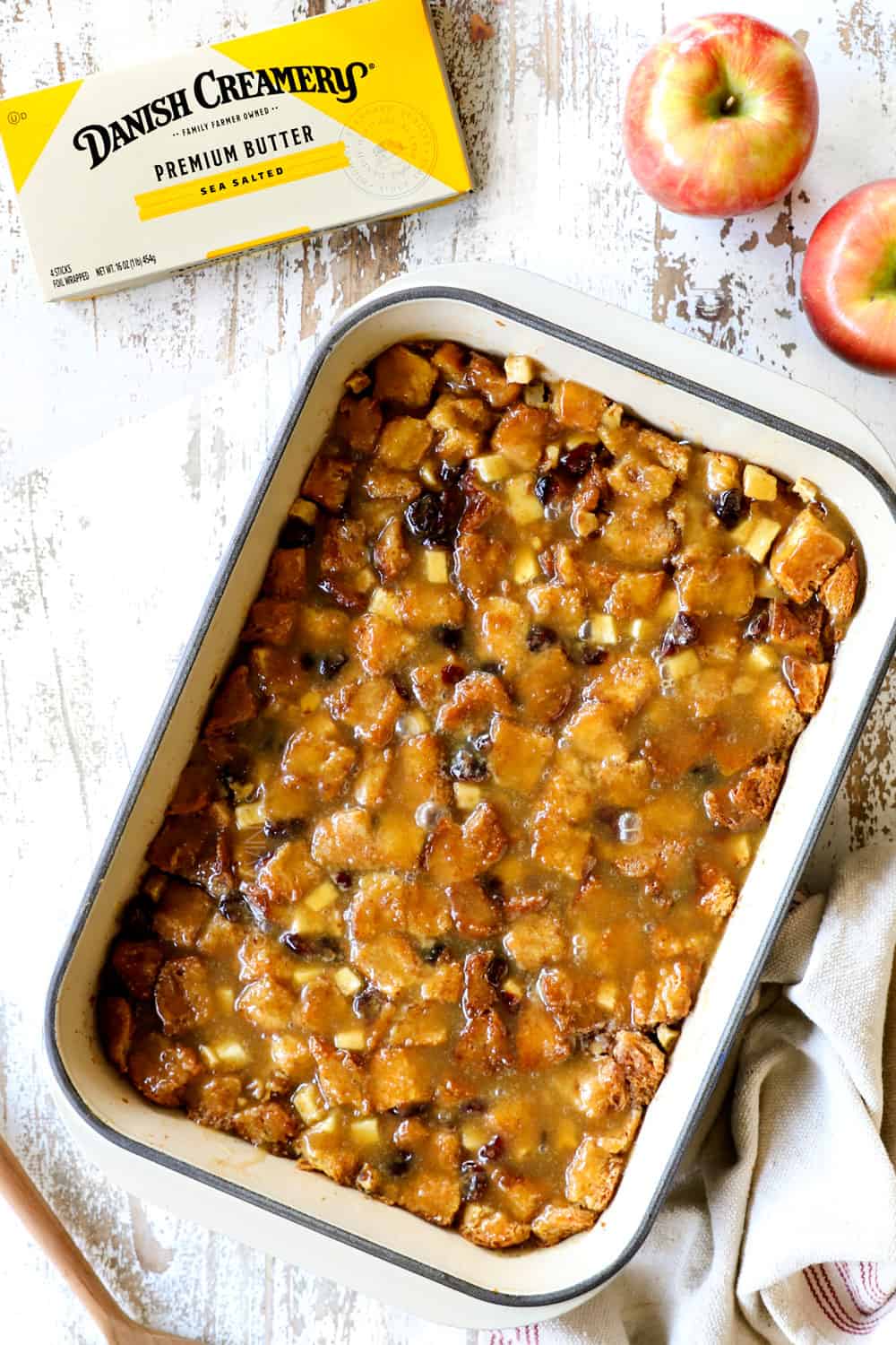 top view of bread pudding recipe with apples, dried cranberries and walnuts
