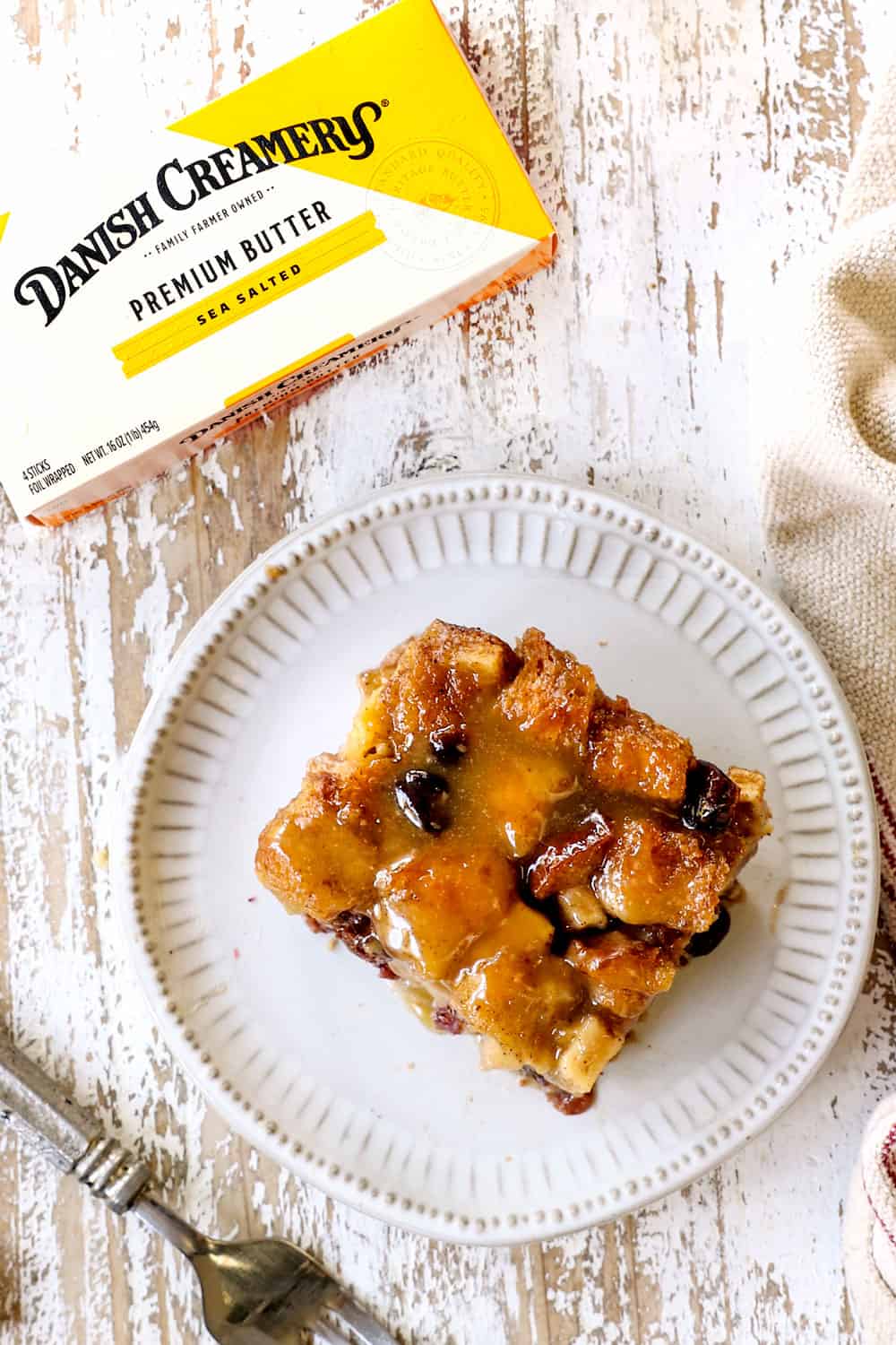 top view of a slice of easy bread pudding