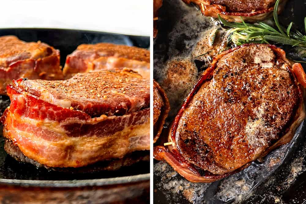 a collage showing how to cook filet mignon wrapped in bacon by searing, flipping and cooking with butter and rosemary