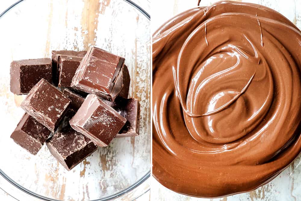 showing how to make Oreo Truffle recipe by melting chocolate until smooth in a glass bowl