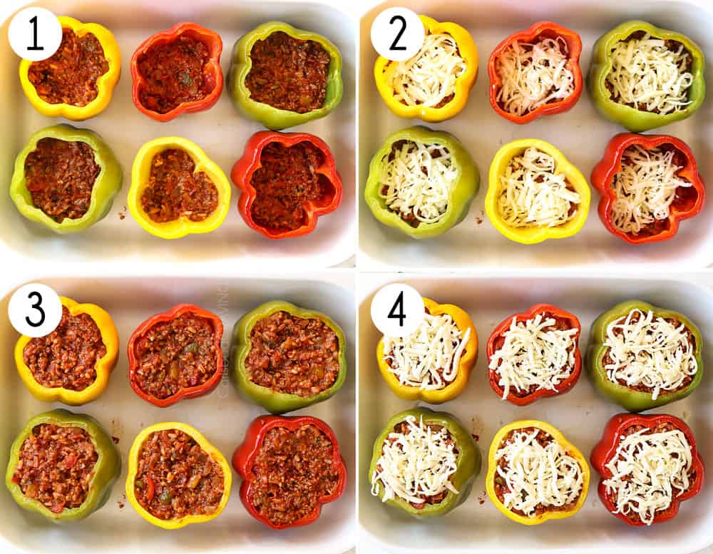 showing how to make stuffed peppers by adding filling to peppers, then mozzarella, then peppers, then mozzarella