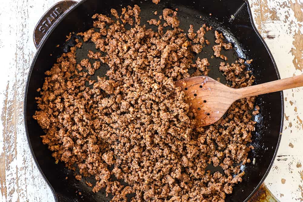 showing how to make Mexican pinwheels by browning beef in a skillet